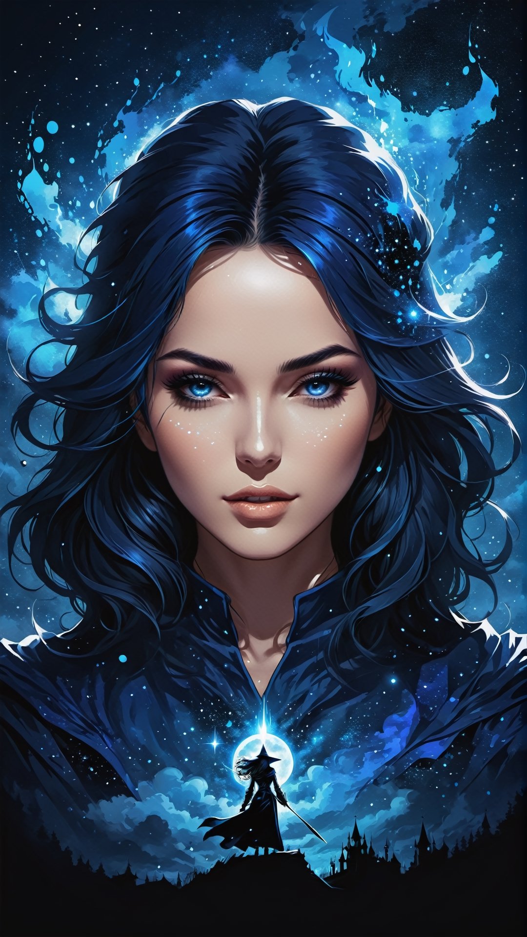 high quality, stary night blue Black beautiful woman Shadow Wizard, splash arts, aesthetic for Tshirt design, highly detailed, darktone