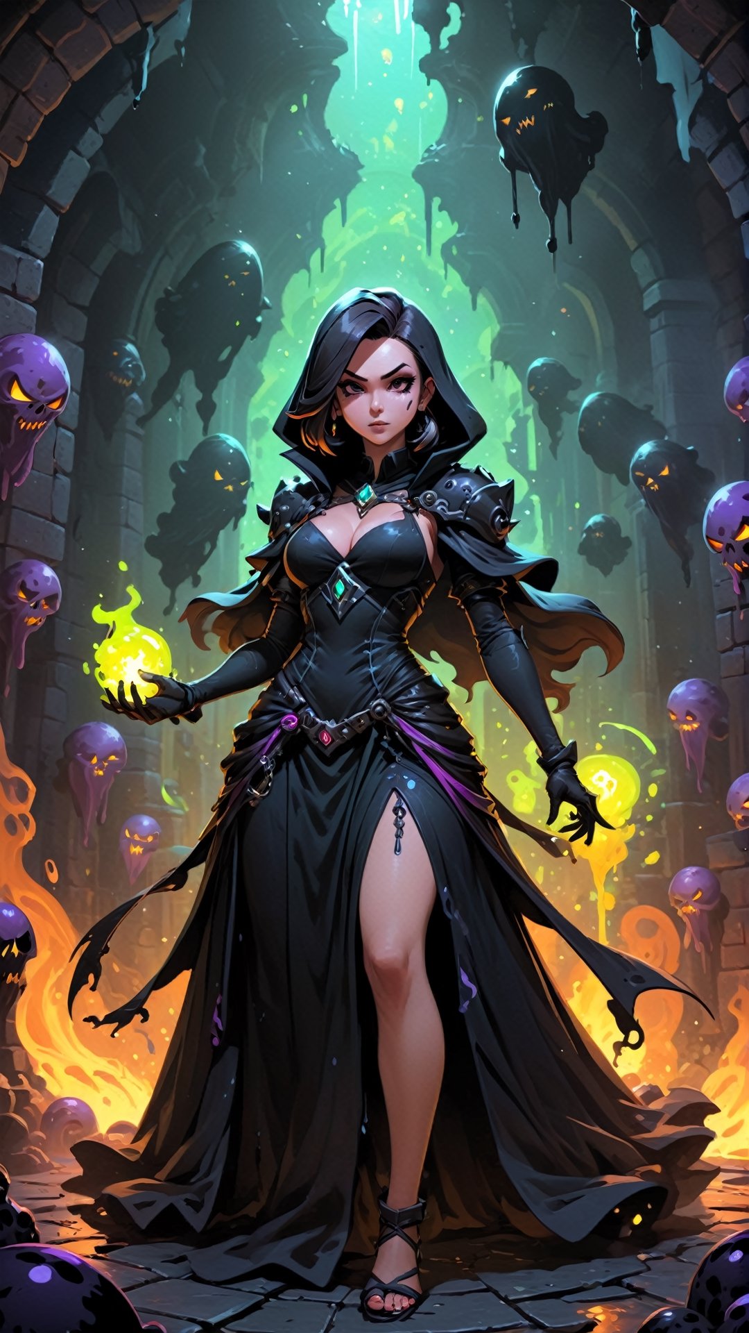 Very detailed illustration of a female necromancer wearing a black gown, (((surrounded by black slimes))), dynamic pose, zoomed, detailed dark dungeon environment, whimsical, tetradic colors, cartoon, overwatch merged with darkest dungeon art by MSchiffer, fantasy, cartoonish vector, anime, manga, vibrant, sunbeams, ultra sharp focus