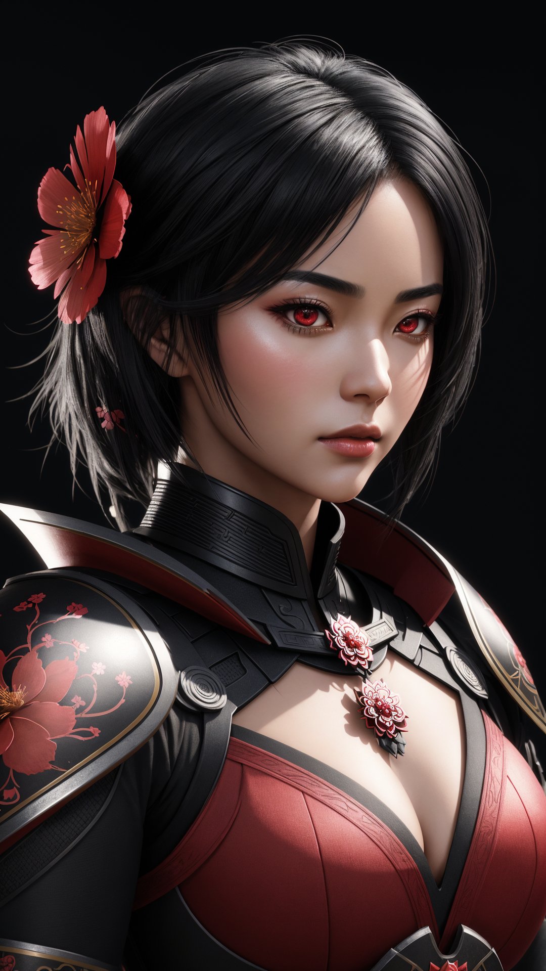 a beautiful short black hair woman, dressed in red samurai armor, red scarlet eyes, with sakura flower in the background, soft lighting, finely detailed features, intricate brush strokes, beautiful lighting,  Cinematic, Color Grading, Depth of Field, intricate details, Unreal Engine, Character Concept Art, creative, expressive, stylized anatomy, digital art, 3D rendering, unique, award-winning, Adobe Photoshop, 3D Studio Max, well-developed concept, distinct personality, consistent style, HW*