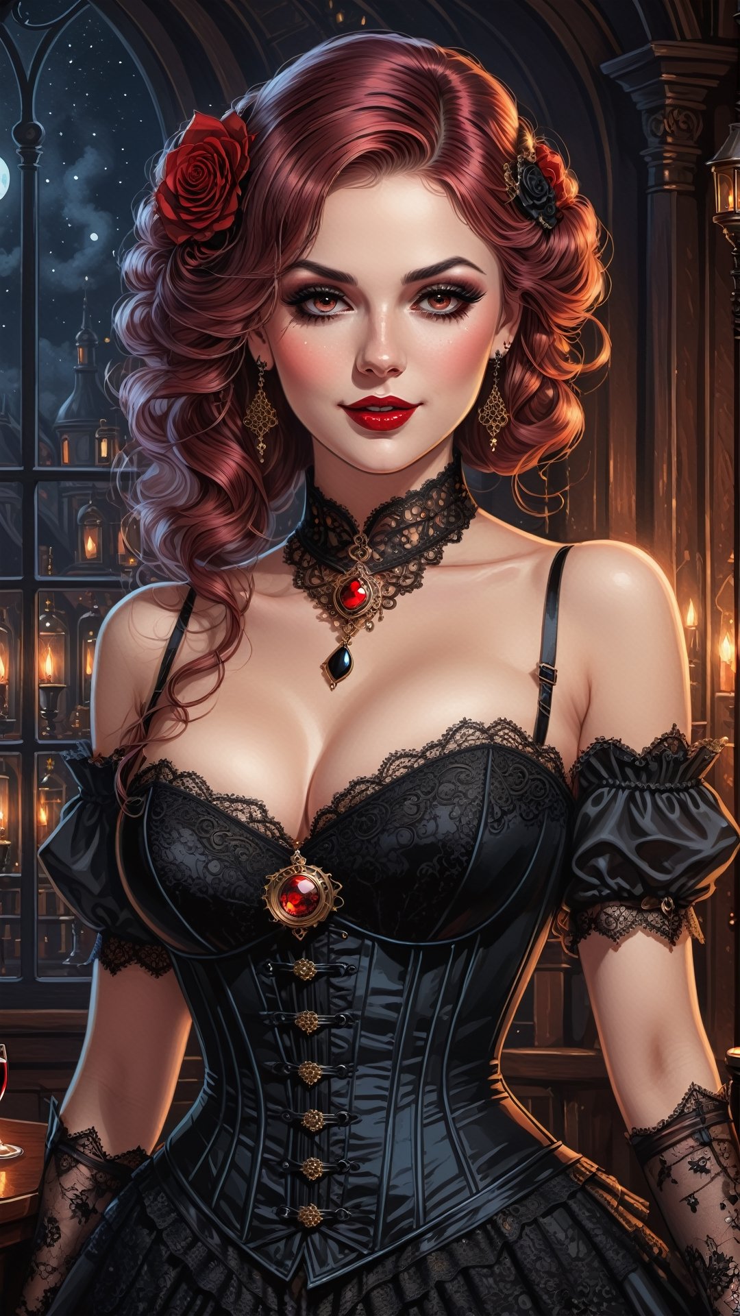 Highly detailed illustration of a beautiful alluring Victorian Steampunk lady of the night, with piercing red eyes, wearing a slim black lace dress with corset, in a dark candlelit tavern, holding a glass of wine, smirking, highly detailed face, ethereal, visually rich, drawing, american comic, comic style, vintage comic, flat lights, cel shaded, fairy tail, high detail, highly detailed face, soft makeup, art by MSchiffer, gown, full color, 2D, vector, 32k resolution, best quality