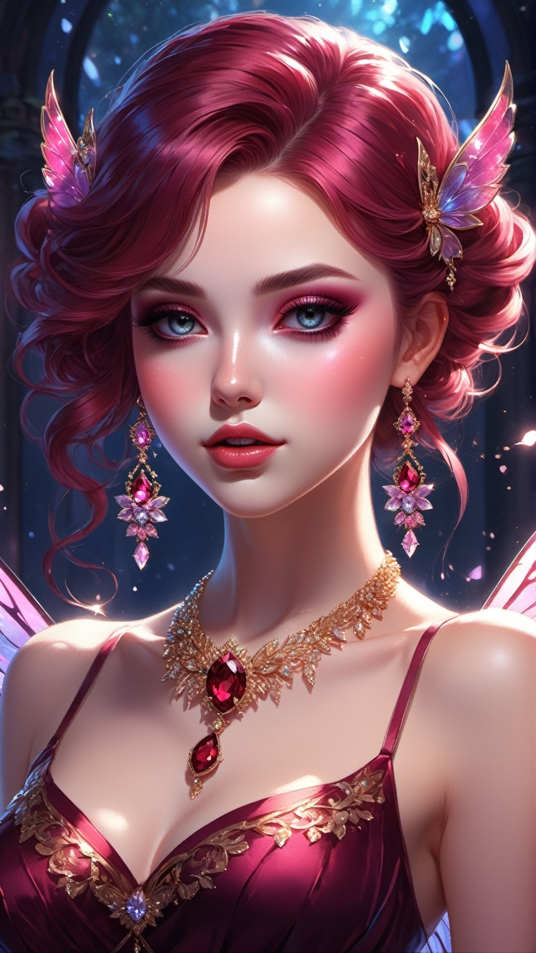 ultra detailed beautiful fairy, claret hair, claret jewel on her forehead, claret top dress, claret eyes, with claret glowing fairy wings, her whole head is visible, claret jewel necklace, earrings, two small short claret wings on the sides of her head in her hair, claret eyeshadow and eyeliner on her eyes, very long eyelashes, beautiful eyelashes, high detailed eyes, highly detailed makeup, stuningly beautiful face, focus on face, cinematic lighting, holographic, light particles, ultra detailed illustration by loish and artgerm, wlop, hit definition, very bold and vivid colors, 32k resolution, best quality, volumetric lighting, “best quality”, “masterpiece"