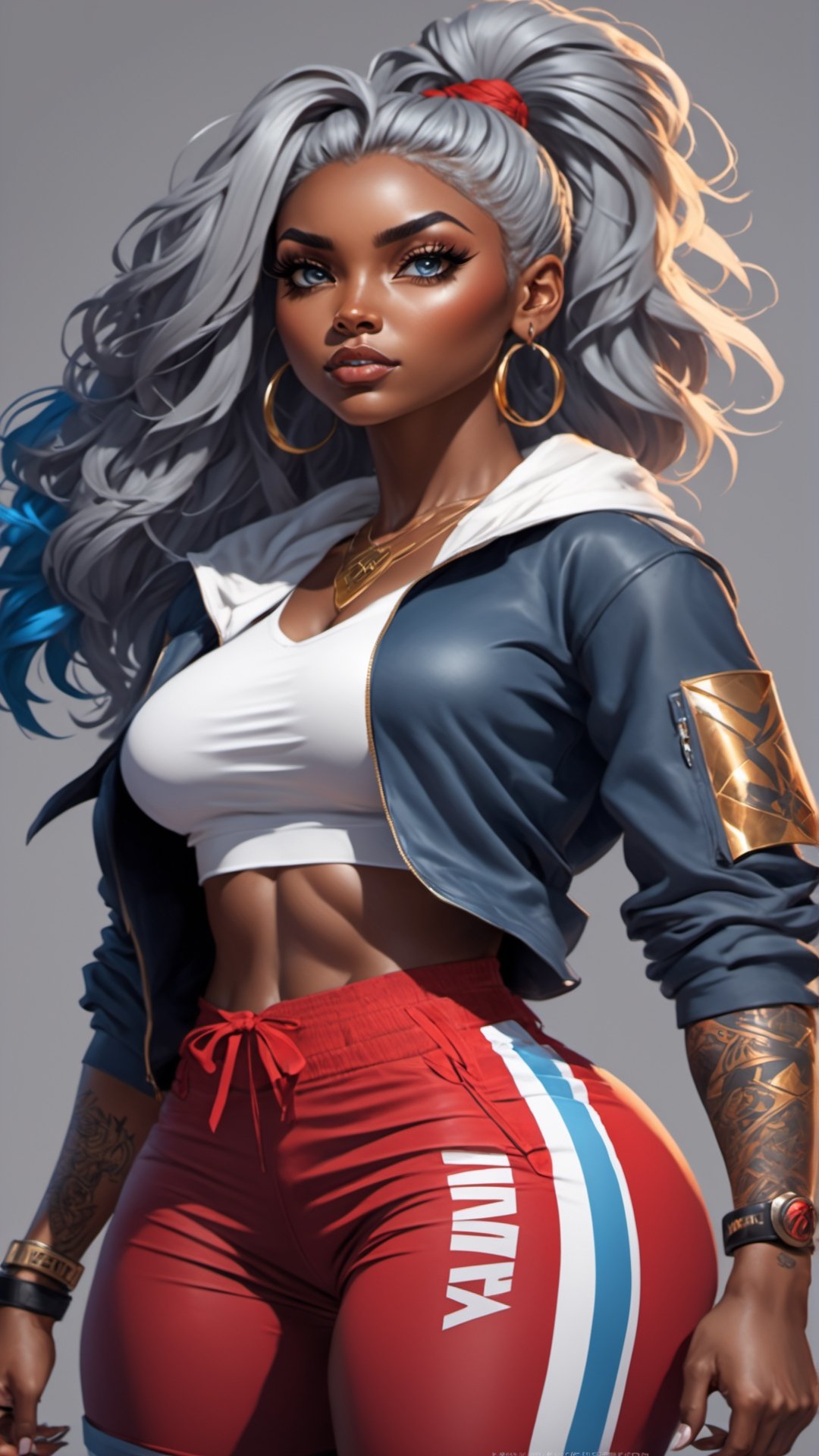 (comic book art style), (Soap-Committee on ArtStation art style), full body view, full shot, front view, back view, character design, character sheet, , casual wear, dark academia, dark skinned, black tight compression shirt, basketball jersey handing at her hip, mid thigh length loose grey basketball shorts,  matured women, short black dreads, gold and silver hair and body accessories, arm tattoos, red katana on her back, light grey and blue eyes, strong highlights, sharp outlines, sharp shadows, 8k, high quality, solid white background, (cell shading).