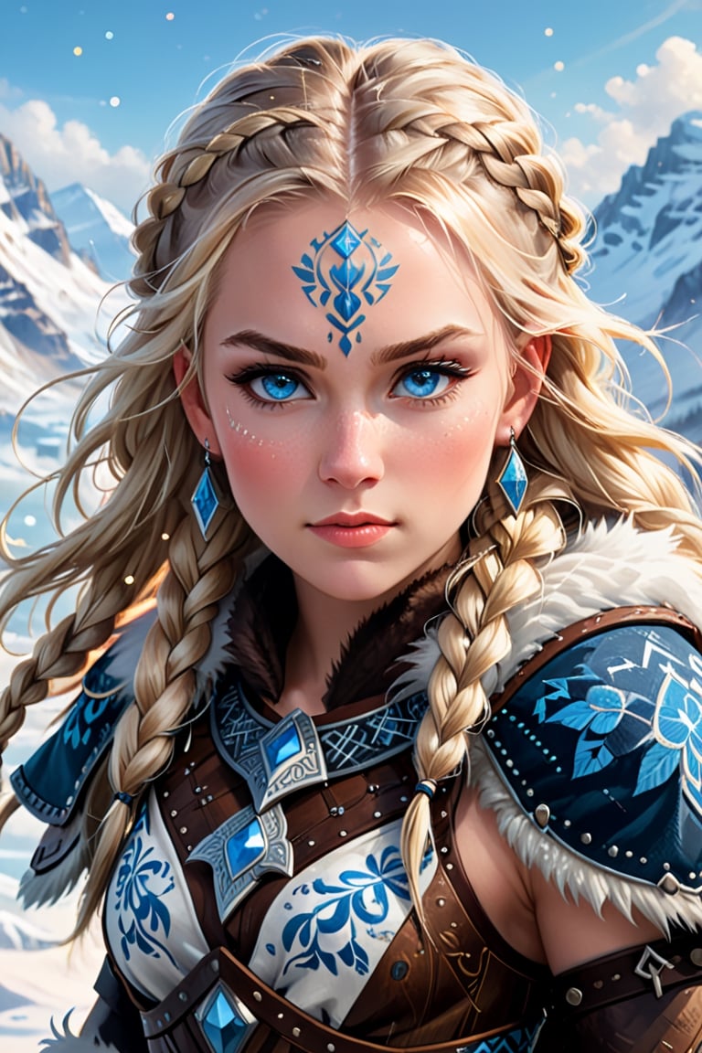 A fiercely proud Nordic girl stands, her presence exuding unwavering strength. Her blonde braids cascade down her back, framing a face marked by determination and resilience. This stunning portrait captures her piercing blue eyes, reflecting the icy landscapes of her homeland. The intricate details of her embroidered Viking armor and fur-lined cloak speak of her warrior spirit. This high-quality painting seamlessly combines power and grace, drawing the viewer into the captivating story of a fierce Nordic warrior princess. playful body manipulations, divine proportion, non-douche smile, gaze into the camera, holographic shimmer, whimsical lighting, enchanted ambiance, soft textures, imaginative artwork, ethereal glow, silent Luminescence, whispering Silent, iridescent Encounter, vibrant background, by Skyrn99, full body, (((rule of thirds))), high quality, high detail, high resolution, (bokeh:2), backlight, long exposure:2