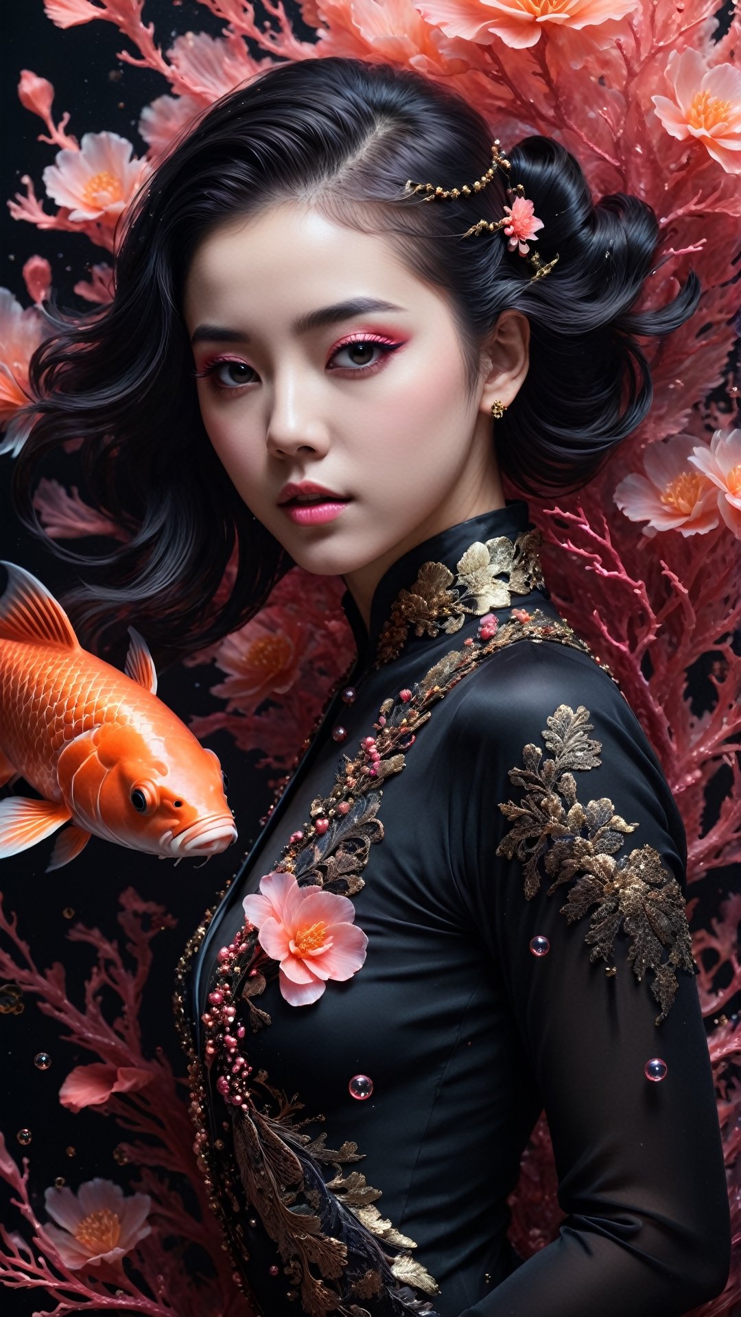 photo RAW, (Black, neon pink and magenta : Portrait of 2 ghostly long tailed black koi, woman, shiny aura, highly detailed, black pearls, gold and coral filigree, intricate motifs, organic tracery, Kiernan Shipka, Januz Miralles, Hikari Shimoda, glowing stardust by W. Zelmer, perfect composition, smooth, sharp focus, sparkling particles, lively coral reef colored background Realistic, realism, hd, 35mm photograph, 8k), masterpiece, award winning photography, natural light, perfect composition, high detail, hyper realistic