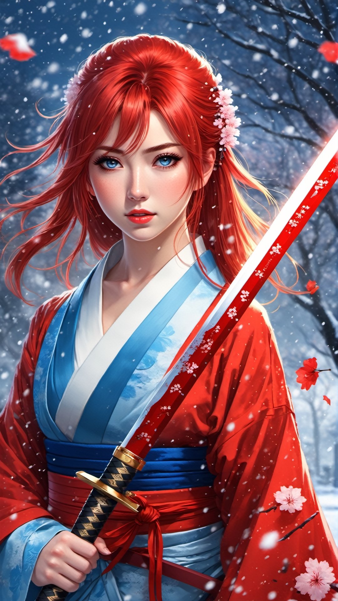 A cute, beautiful girl about 20 years old, with red hair and blue eyes stood with a sad expression. was She wore a short skirt, a kimono-like top, thigh-high socks, and sneakers. her In she hand held a large, long red katana glinted in the that light. She standing in a snowstorm, with behind a battlefield full of fire and smoke tragedy and her, surrounded by falling sakura petals.