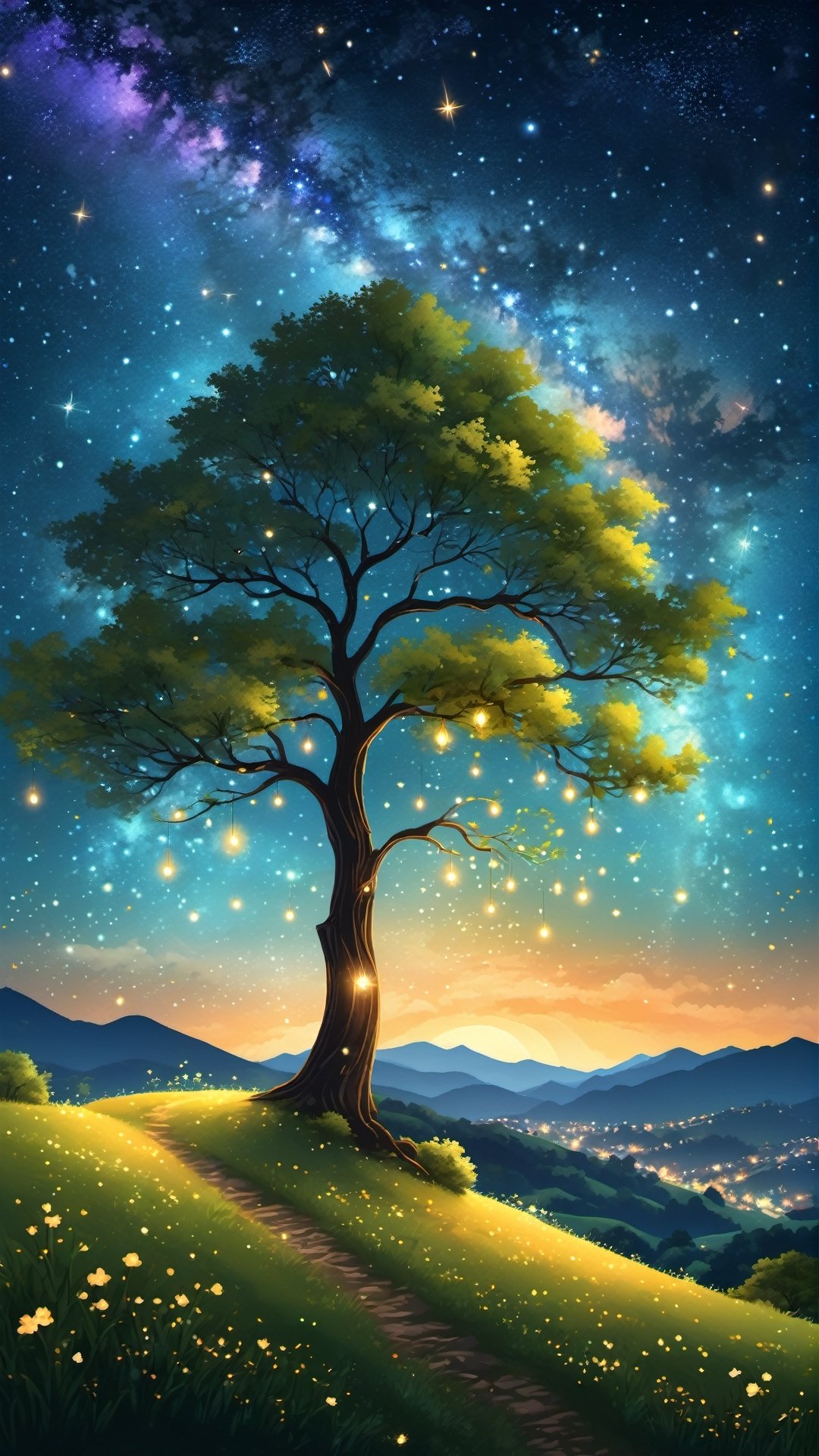 Illustration of a magical night sky filled with shimmering stars and a luminous Milky Way, as a lone tree stands on a hill, its branches adorned with glowing fireflies, creating a dreamy and enchanting landscape.