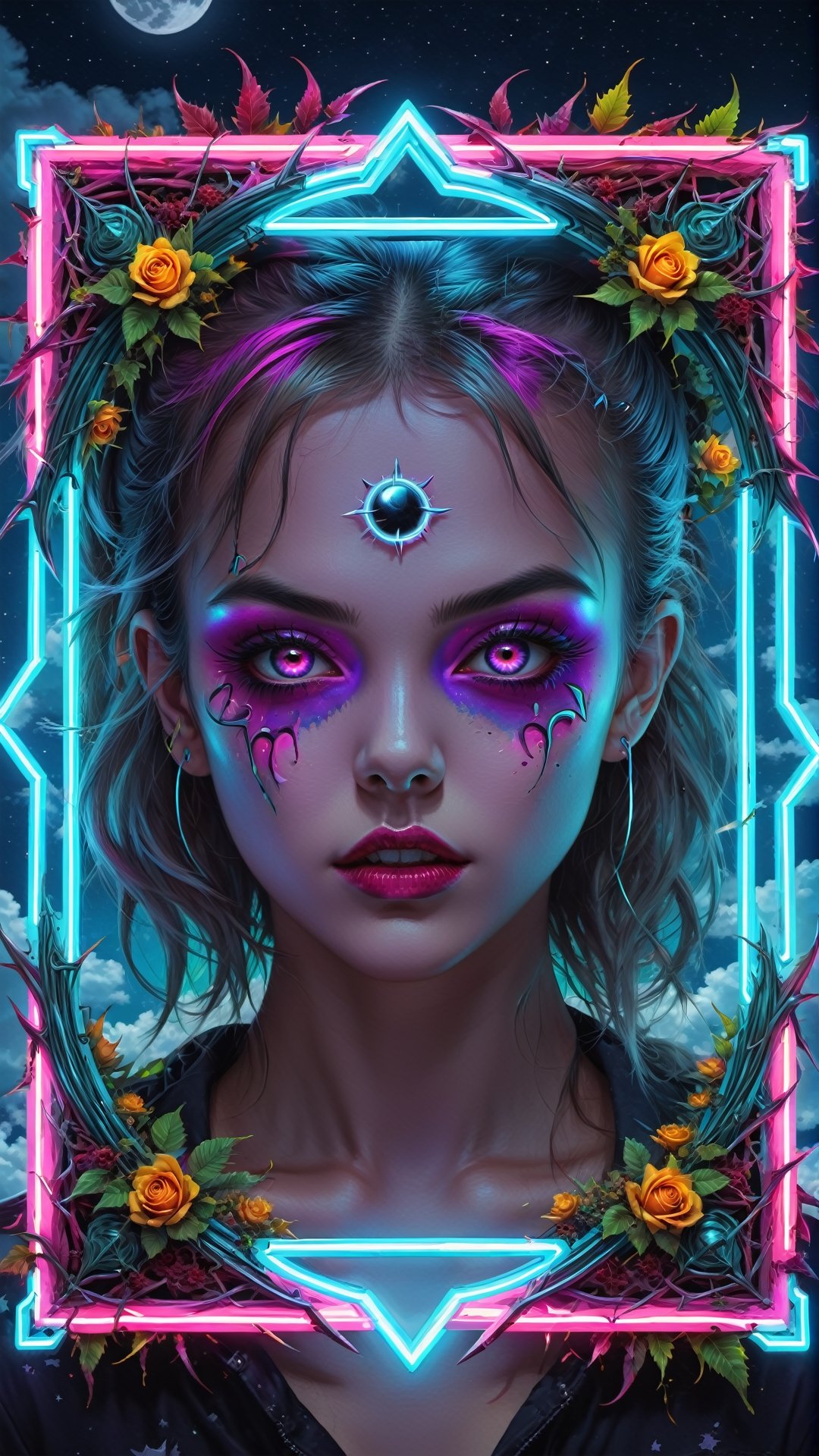 neon light art, An eye-shaped frame in the middle of the picture, inside the frame is a zombie girl, and around the frame there is a bunch of thorns., clouds, moon, stars, colorful, detailed, 4k 