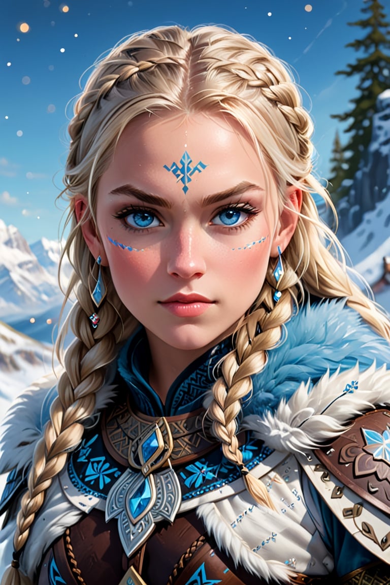 A fiercely proud Nordic girl stands, her presence exuding unwavering strength. Her blonde braids cascade down her back, framing a face marked by determination and resilience. This stunning portrait captures her piercing blue eyes, reflecting the icy landscapes of her homeland. The intricate details of her embroidered Viking armor and fur-lined cloak speak of her warrior spirit. This high-quality painting seamlessly combines power and grace, drawing the viewer into the captivating story of a fierce Nordic warrior princess. playful body manipulations, divine proportion, non-douche smile, gaze into the camera, holographic shimmer, whimsical lighting, enchanted ambiance, soft textures, imaginative artwork, ethereal glow, silent Luminescence, whispering Silent, iridescent Encounter, vibrant background, by Skyrn99, full body, (((rule of thirds))), high quality, high detail, high resolution, (bokeh:2), backlight, long exposure:2