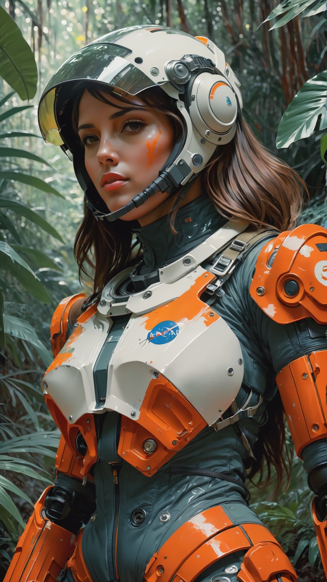 waist-up "female Astronaut in a Jungle" by Syd Mead, broken helmet tangerine cold color palette, muted colors, detailed, 8k,photo r3al,dripping paint,3d toon style