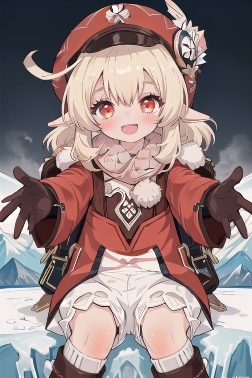 1girl, klee \(genshin impact\), bloomers, brown gloves, knee boots, cabbie hat, red coat, scarf, backpack, looking at viewer, smile, open mouth, happy face, blush, feeling cold, ice mountain background, looking at the viewer,  pov cheek warming, coat, scarf, reaching towards viewer, masterpiece, furina, pov cheek warming