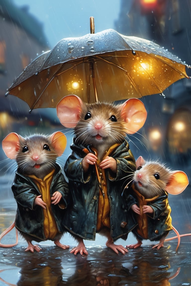 Hyper-detailed  painting, Jean-Baptiste Monge style, a gang of cute little mice gathered in the rain  under an single black long raincoat, splash, glittering, cute and adorable, filigree, lights, fluffy, magic, surreal, fantasy, digital art, ultra hd, hyper-realistic illustration, vivid colors,  UHD, cinematic perfect light,greg rutkowski