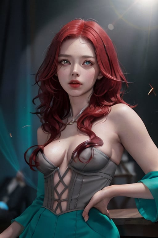 (realistic:1.2), (masterpiece, best quality, ultra-detailed), (beautiful detailed face, beautiful detailed eyes, volumetric lighting),1girl, solo, (dutch angle:1.3),(red hair, grey eyes:1.4), small breasts, perm hair,(aquamarine jumpsuit, teal bustier:1.2), monocle,mksks style, (beautiful detailed hill, noon:1.2), (light particles, lens flare, chromatic aberration:1.3),