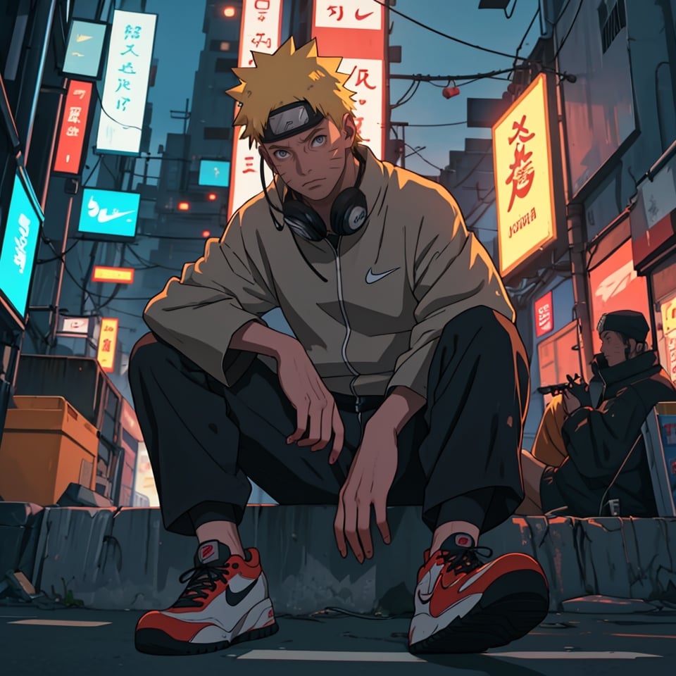 1boy , uzumaki naruto , naruto (series) , sitting on road , from below , nike jordans , sony headphones ,
 
cyberpunk city , neon signs

, masterpiece, best quality, very aesthetic, absurdres,Naruto uzumaki 