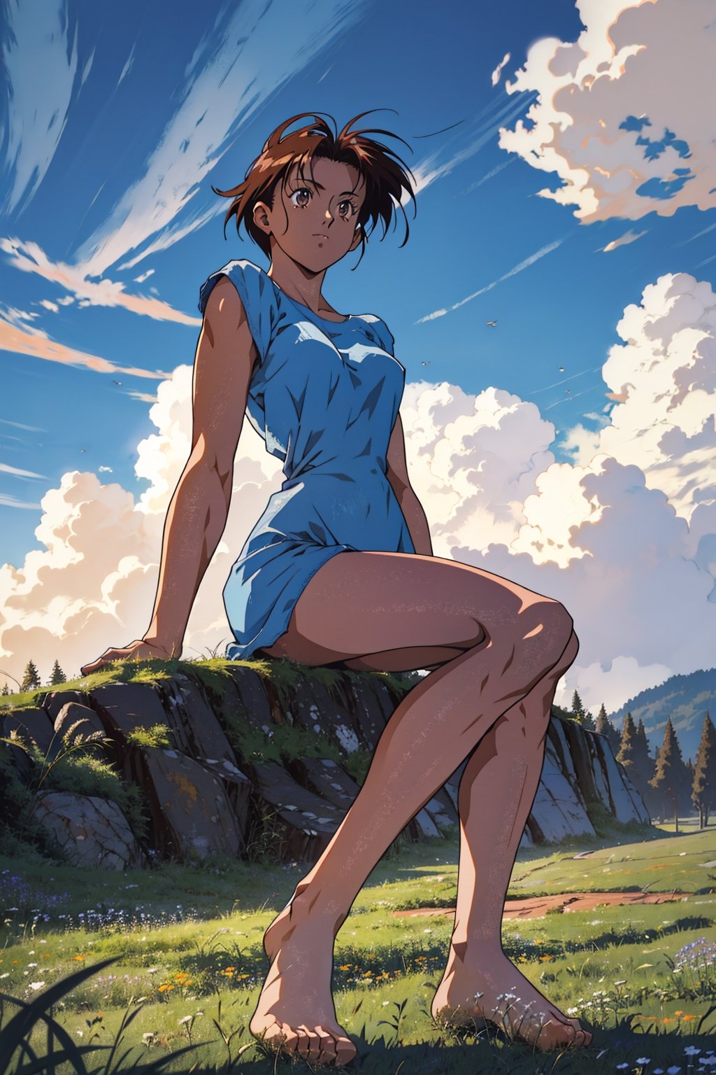 short hair , 90s anime style , full body ,old dress , sitting in a grassfield on a magical floating lang with abstract clouds , 1 women , portrait , ( bare legs , bareefeet:1.3) , 4k ,retro 90,1990s (style)