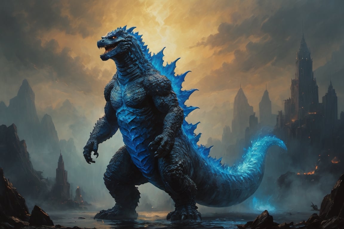 wide angle shot , A Godzilla with blue scales standing far away,movie still, cinematic warm color lighting,oil painting,GLOWING