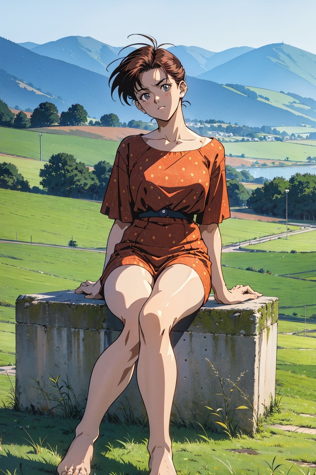 short hair , 90s anime style , full body , old style dress , sitting in a grassfield far away from city , 1 women , portrait , ( bare legs , bareefeet:1.3) , 4k ,retro 90,1990s (style)