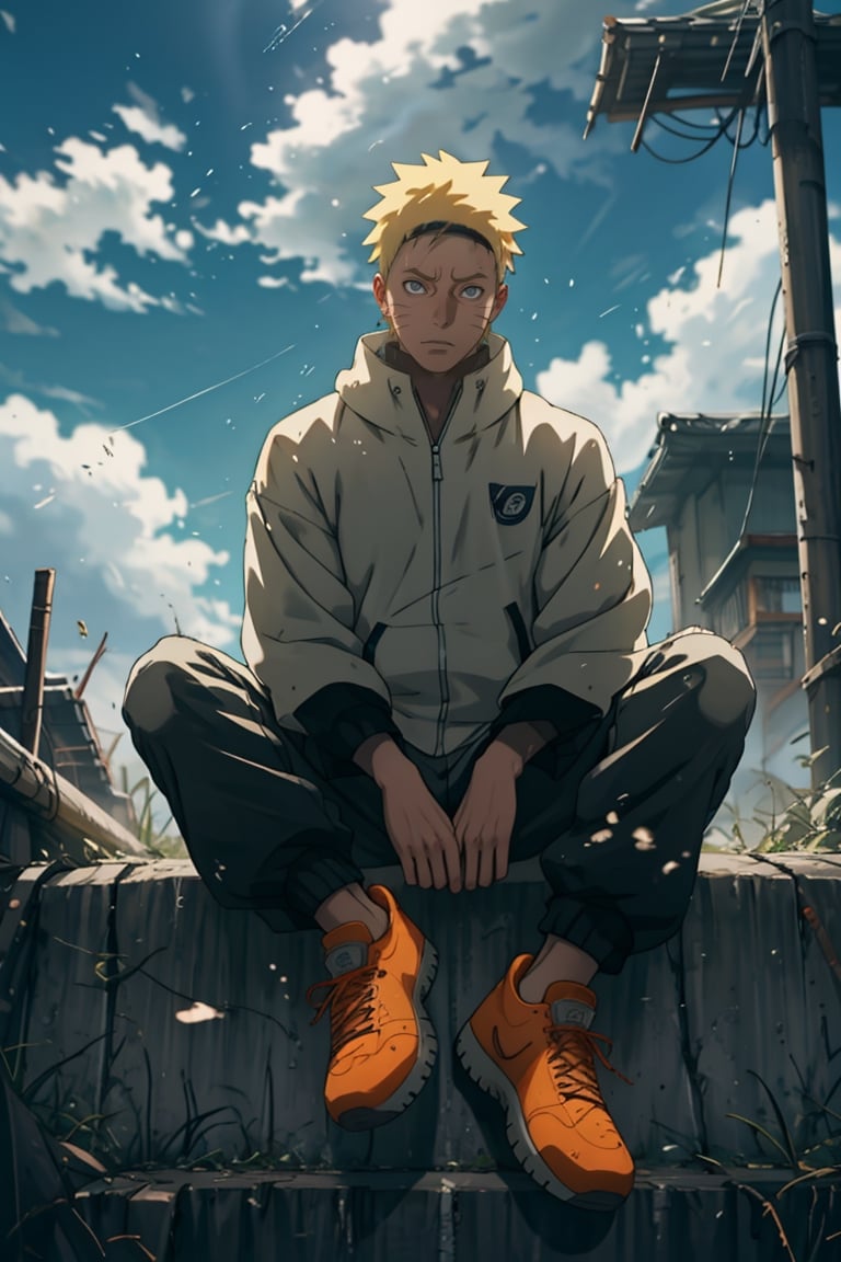 1boy , uzumaki naruto , naruto (series) , wearing nike jordans , sitting on road
 
 , abstract clouds

, masterpiece, best quality, very aesthetic, absurdres ,glowingdust