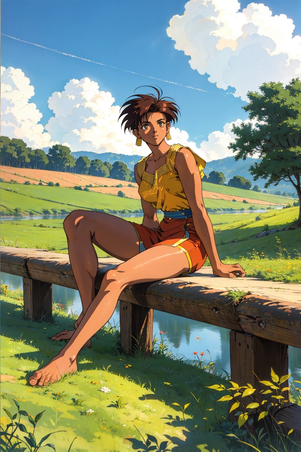 short hair , 90s anime style , full body , indian dress , sitting in a grassfield far away from city , 1 women , portrait , ( bare legs , bareefeet:1.3) , 4k ,retro 90,1990s (style)