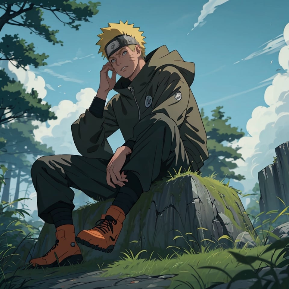 1boy , uzumaki naruto , naruto (series) , sitting on ground , from below , nike jordans , sony headphones ,
 
wild life , light coming from trees , abstract clouds

, masterpiece, best quality, very aesthetic, absurdres,Naruto uzumaki 