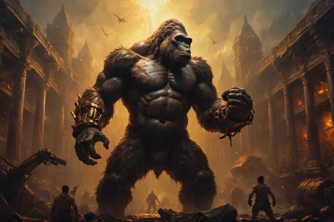 wide angle shot , king kong with mechanical arm ready to fight, cinematic warm color lighting,oil painting,GLOWING