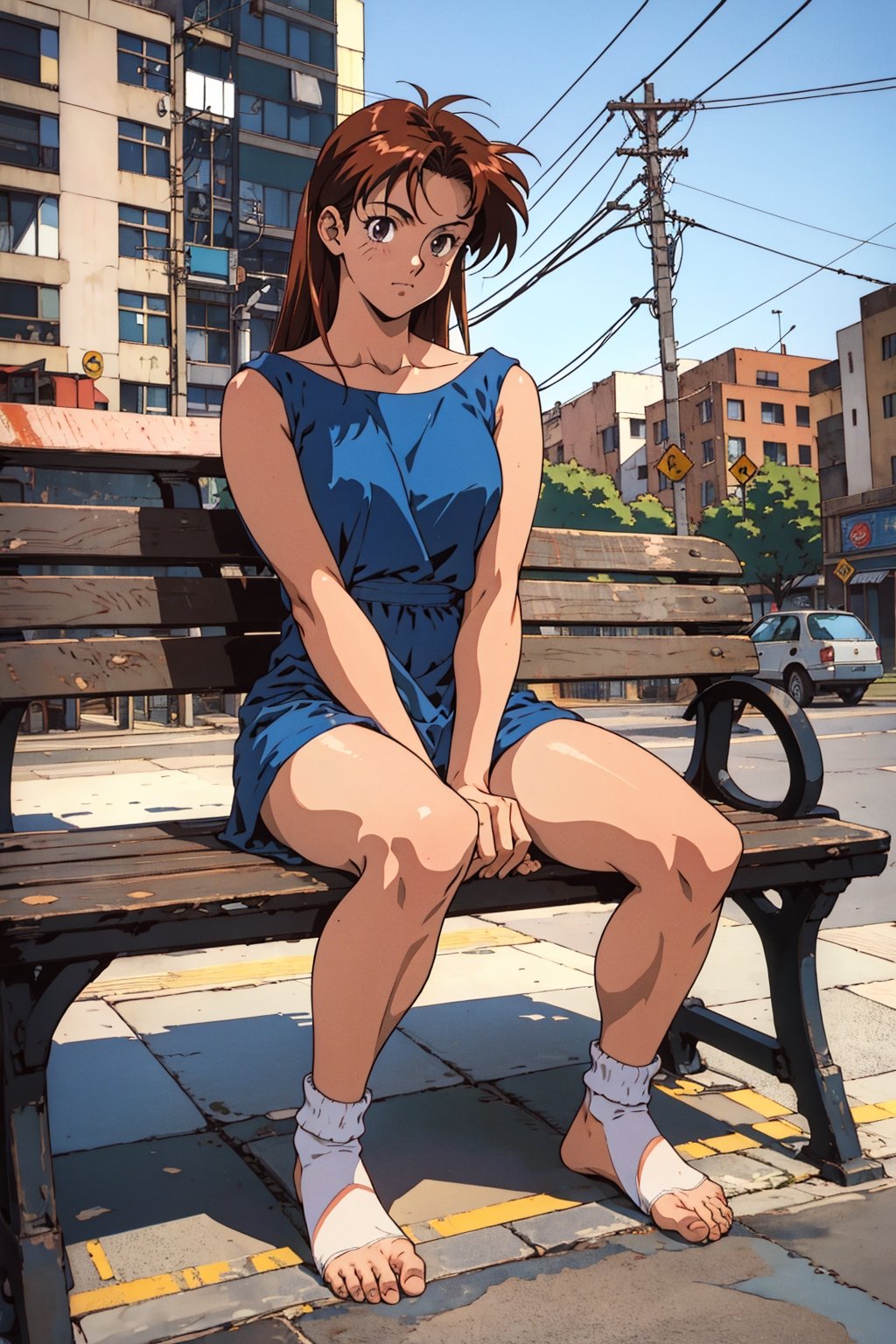 90s anime style , full body , old style dress , sitting on bench in a city , 1 women , portrait , ( bare legs , bareefeet:1.3) , 4k ,retro 90,1990s (style)