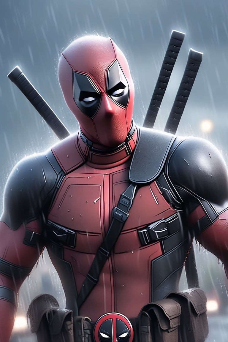 deadpool , hells gate background , rain , (masterpiece), (best quality), (ultra-detailed), very aesthetic, illustration , perfect composition, moist skin, intricate details,