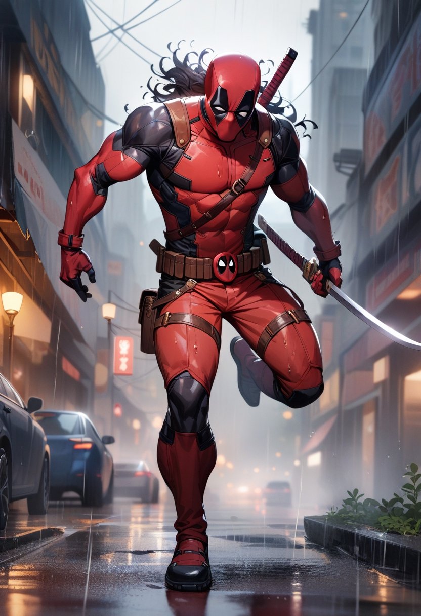 1boy, full body , deadpool , (holding a sword:1.1) ,outdoors, rain, pectorals, (masterpiece), (best quality), (ultra-detailed), very aesthetic, illustration, disheveled hair, perfect composition, moist skin, intricate details,