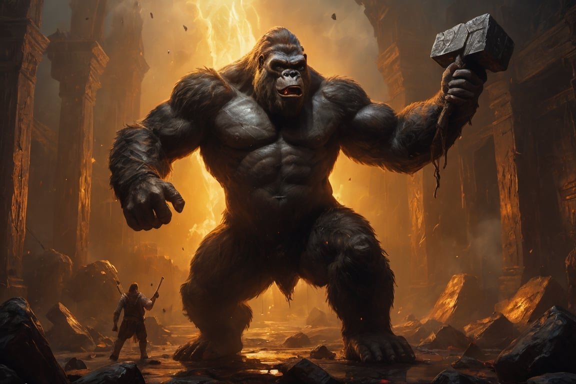 wide angle shot , A king kong ready to fight with Mjölnir in one hand,movie still, cinematic warm color lighting,oil painting,GLOWING