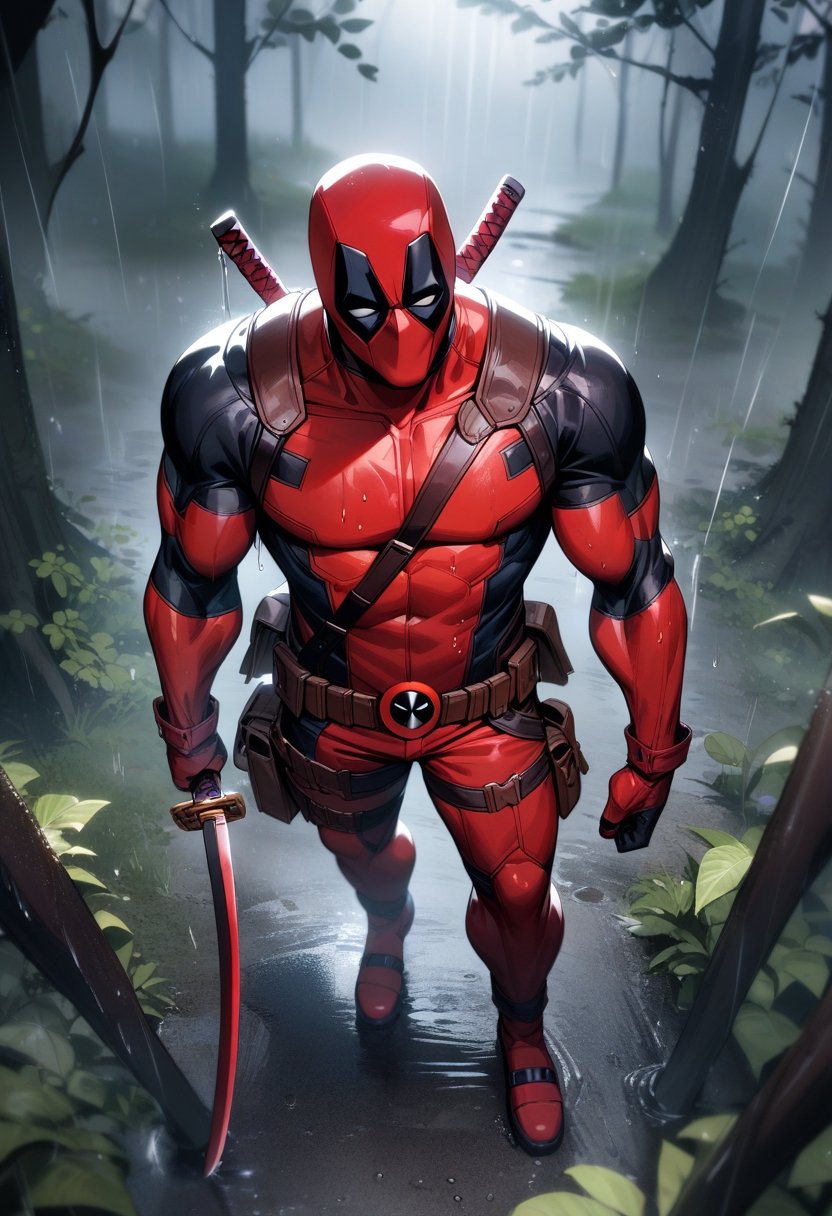 1boy, full body , deadpool , (holding a katana:1.1) , dark forest , from above , rain , (masterpiece), (best quality), (ultra-detailed), very aesthetic, illustration , perfect composition, moist skin, intricate details,