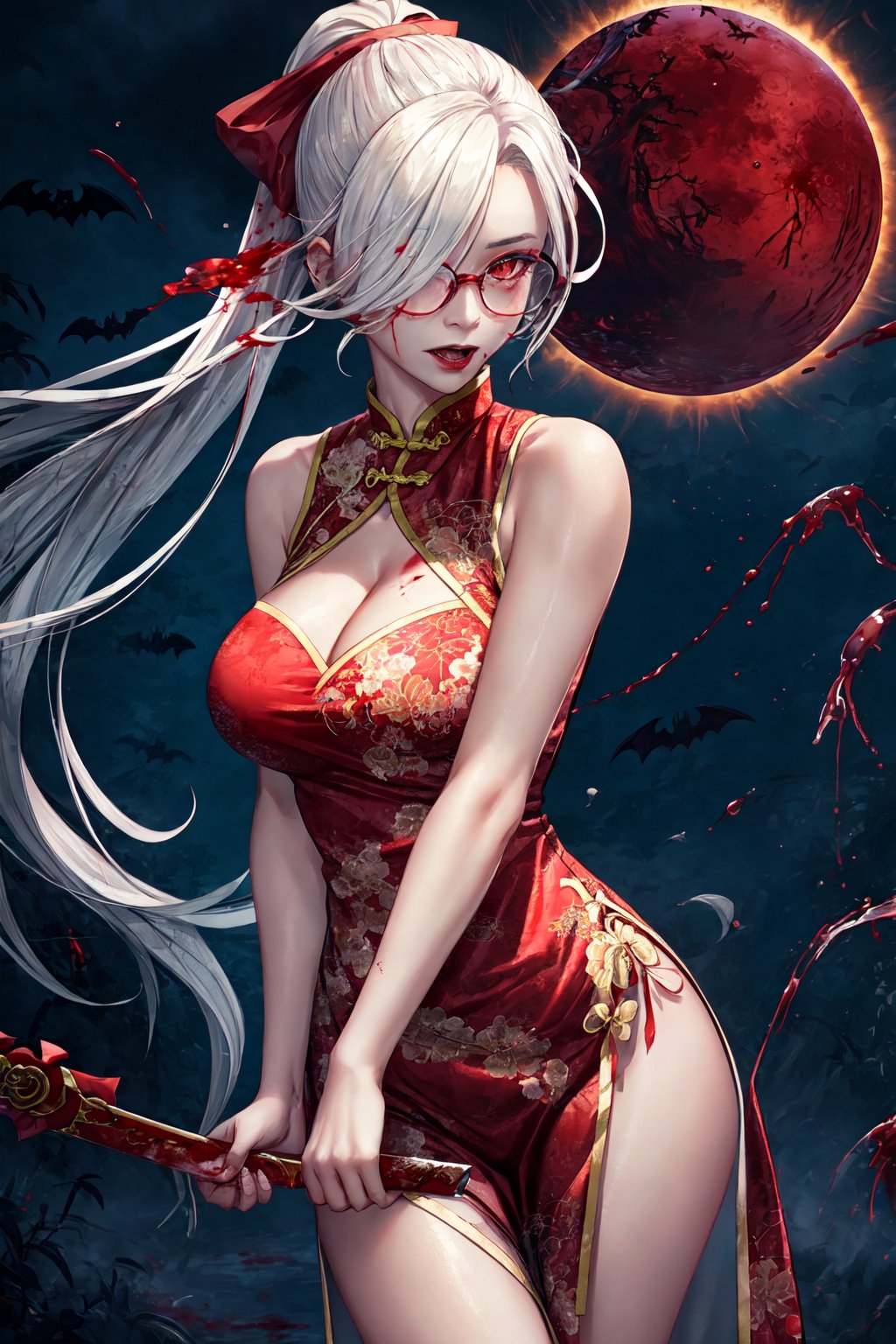 1girl, game cg, masterpiece, portrait, vampire, chinese_vampire, jiagshi, mature female, old female, grandmother, wrinkles, cleavage cutout, white hair, long_ponytail, hair over one eye, large breasts, wide hips, gown, glassess, cheogsam, sleeveless, shoulders, aroused, action_pose, dark, red lighting, blood moon, bats in the background, gu, wuxia, bloody stream, blood pool, glowing eyes, midnight, outside, standing, cheongsam, jiangshi, cheongsam, jiangshi, qing_guanmao, red splash, blood splash, bloody stream, blood, sangromancer, 