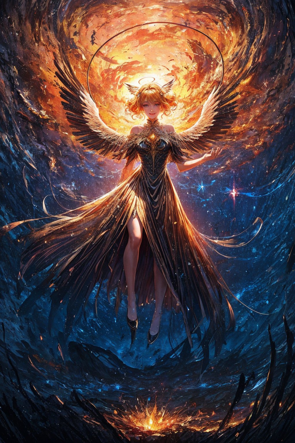 (masterpiece, top quality, best quality, official art, beautiful and aesthetic:1.2), (1girl), extreme detailed,(fractal art:1.3), colorful, highest detailed, r1ge, realistic, An angel in the form of an 18-year-old girl dancing on a path of hellish lava, full body, body floating in the air, smiling happily, long blond curly hair, wing-shaped hair brooch , she wears a short white dress, the wings on her back are made of light, the scene of the ruined city burning with red flames in the background,