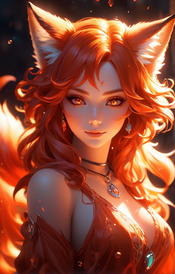 (cute flame foxy, flaming veins), red and orange tones, (masterpiece, best quality, ultra-detailed, best shadow), (detailed background,dark fantasy), (beautiful detailed face), high contrast, (best illumination, an extremely delicate and beautiful), ((cinematic light)), colorful, hyper detail, dramatic light, intricate details, (1girl, solo, red hair, sharp face, amber eyes, hair between eyes,dynamic angle), blood splatter, swirling black light around the character, depth of field, light particles,(broken glass),magic circle, (full body), Spirit Fox Pendant