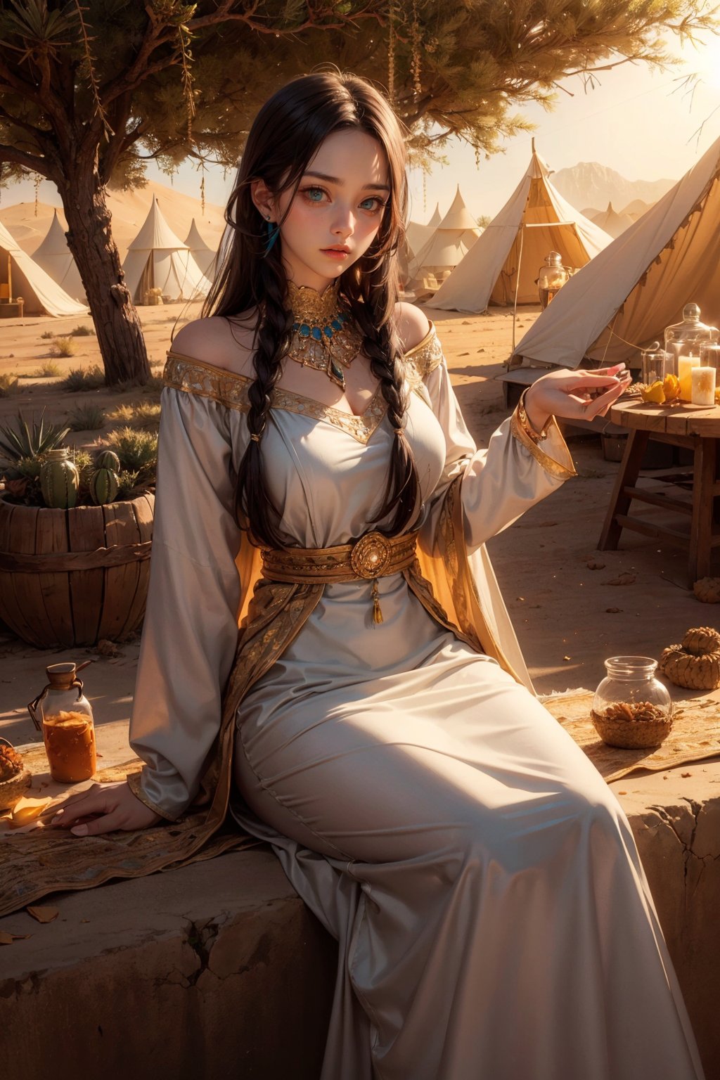 Close-up of attractive and beautiful young woman in mirror long dark hair big sleepy eyes long thin dress sitting in sunny desert mirror holding broken jars around sunlight camels thorns and short desert trees tents of desert people