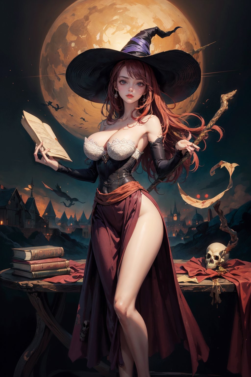 sorceress_dragonscrown_aiwaifu,witch_hat,red_hair,huge_breasts,absurdly_long_hair,cleavage,brown_eyes,wide_hips,thick_thighs,collarbone,lips,bare_shoulders,strapless,detached_sleeves,dress,strapless_dress,side_slit,staff,legs,smile,skull,hat_over_one_eye,magic,witch,book,masterpiece,best quality,ultra detailed, 8k, cinematic light,highly detailed, scenery,pose,solo,looking at viewer,,