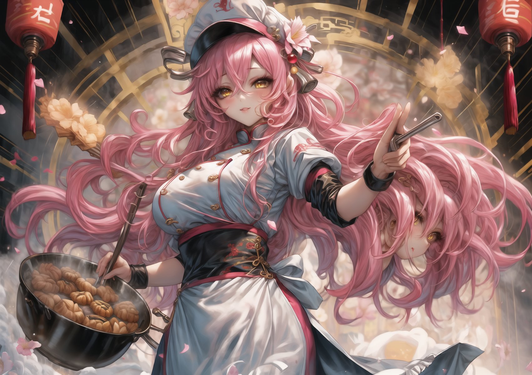 one woman, voluptuous, large breasts, pink hair, long wavy hair, side locks, hair between eyes, yellow eyes, white chef's clothes, chef's hat, in a pastry kitchen, cooking, Chinese style, dynamic pose,
pink flower decorations on clothes,mecha