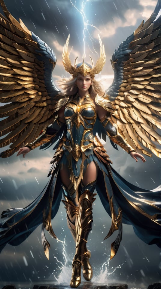 A flawless valkyrie ((radiating divine light)), ((with intricate golden armor)), ((soaring through a tumultuous storm)), her ((ethereal wings)) outstretched.