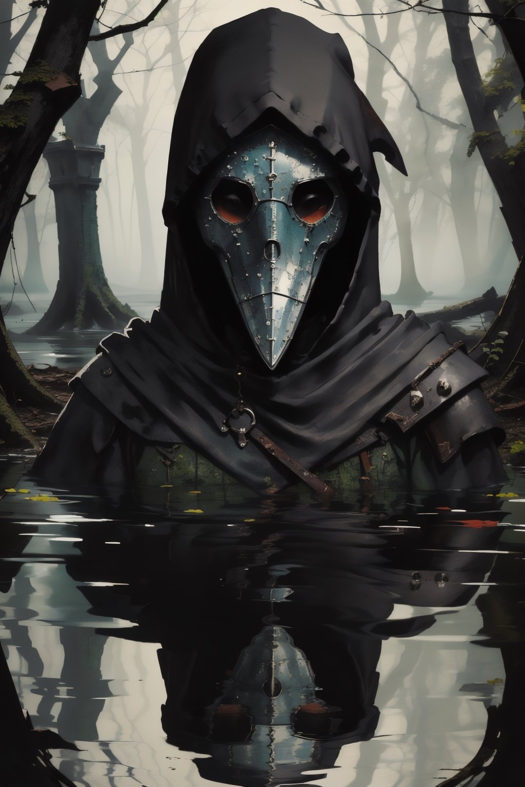 (close_up portrait submerged:1.4) neck deep plague doctor,  in puddle, eerie forest, dreary, grainy,fog, trees ,nodf_lora, scythe, swamp, ruins, hood, contrapposto