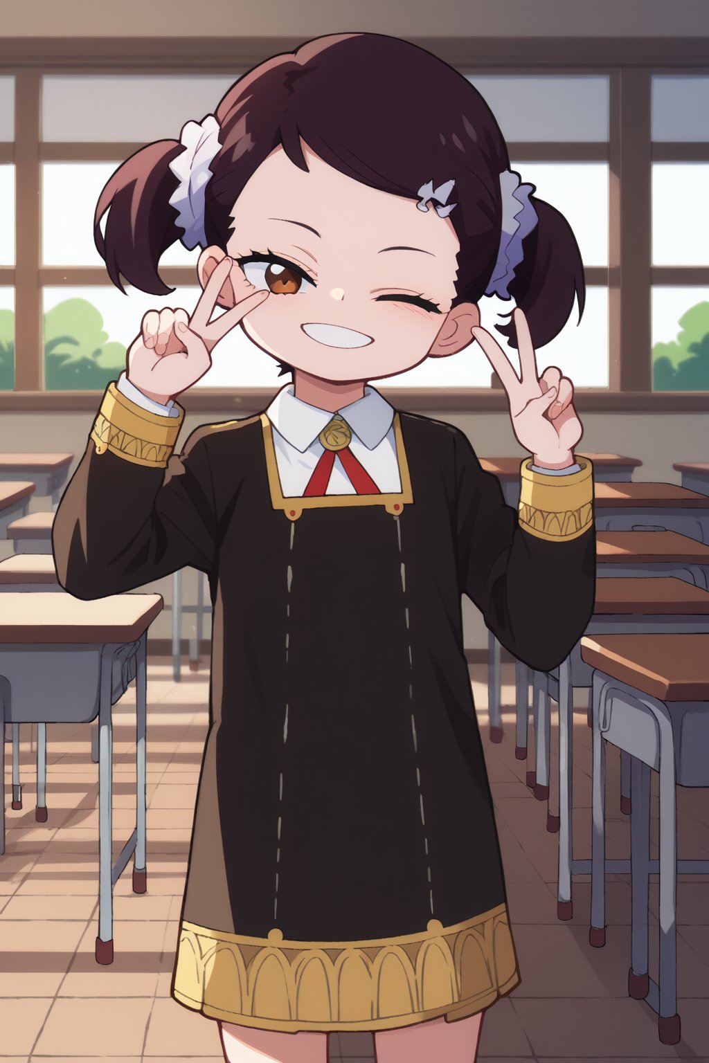 score_9, score_8_up, score_7_up, source_anime,
BREAK
beckyblackbell, solo, 1girl, black hair, hair ornament, twintails, hairclip, scrunchie, hair scrunchie, brown eyes,long sleeves, dress, school uniform, socks, black dress, eden academy school uniform,indoors, classroom, smile,looking at viewer, wink, head tilt, v sing, peace sing, v, archi-ghelber-style