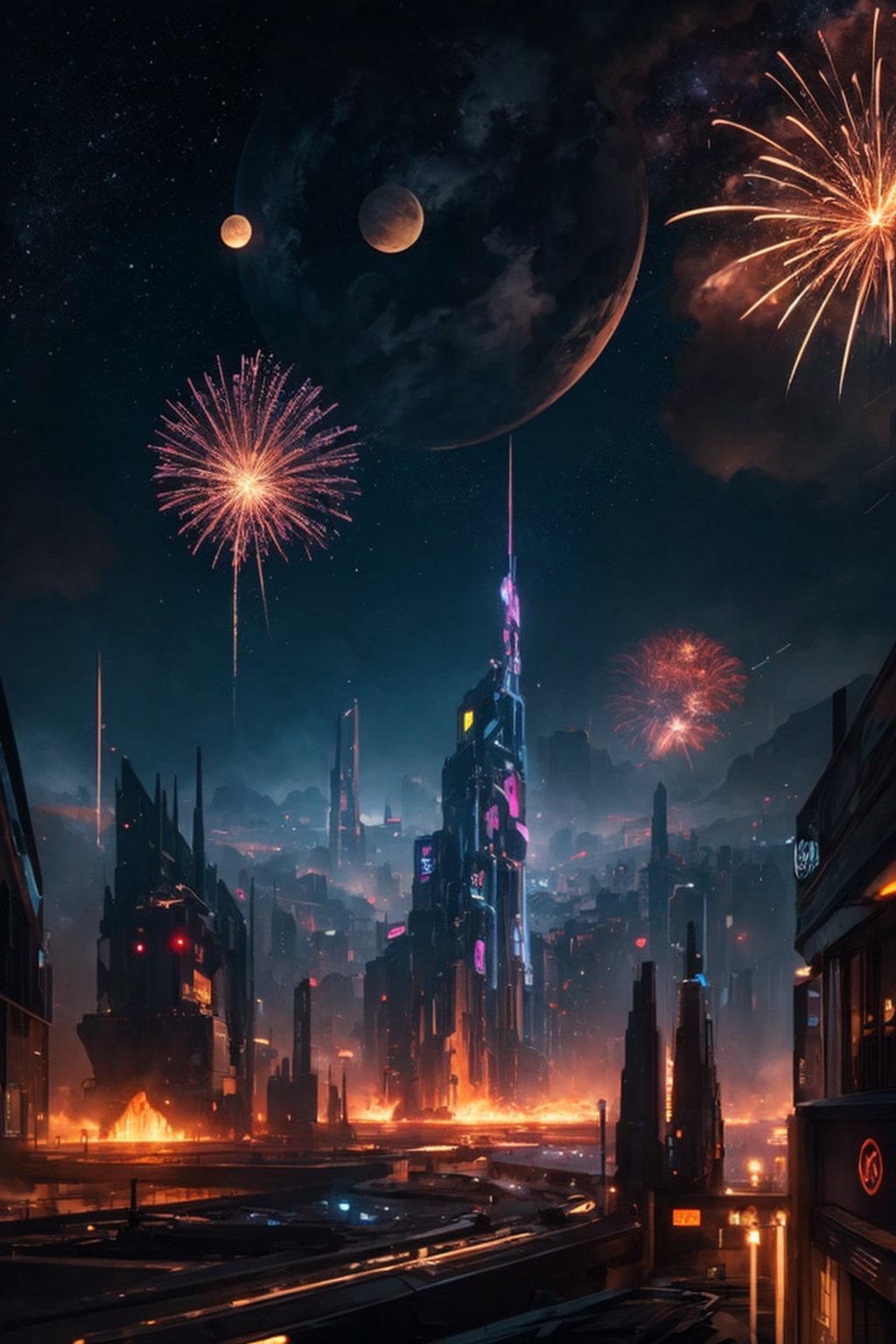 Fire works show in a futuristic city scape, planets, sci-fi, new years celebration, nebulae, galaxy, space port, futureistic cyber punk scene