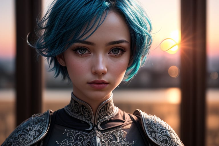 (masterpiece), (extremely intricate:1.3), (realistic), portrait of a girl with blue hair, the most beautiful in the world, (medieval armor), metal reflections, upper body, outdoors, intense sunlight, far away castle, professional photograph of a stunning woman detailed, sharp focus, dramatic, award winning, cinematic lighting, , volumetrics dtx, (film grain, blurry background, blurry foreground, bokeh, depth of field, sunset, motion blur:1.3), chainmail