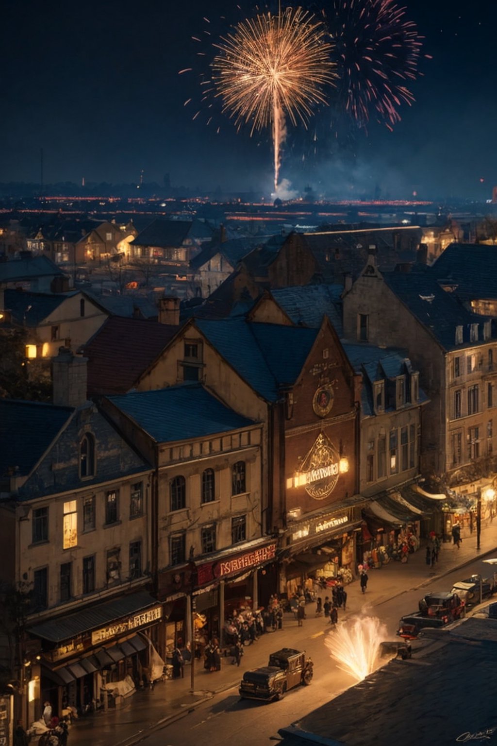 Fire works show in a old time city scape, 1800's scene, new years celebration, steam punk scene,bird 's-eye view