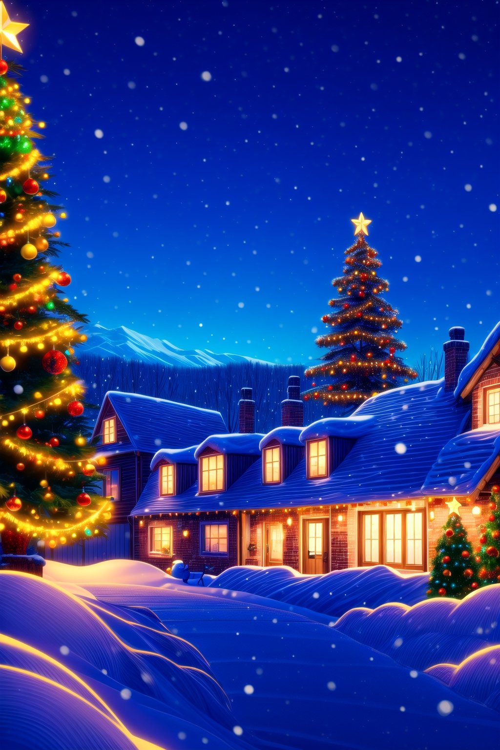 (masterpieces:1, best quality, high quality),((Santa‘s Caveman Style Homeone house)),Detailedface,High detaile,gazelle, snow, outdoor, christmas trees, Christmas design, Christmas background, street town, night, starry_night, ultra details, ,DonMN30nChr1stGh0sts,cinematic