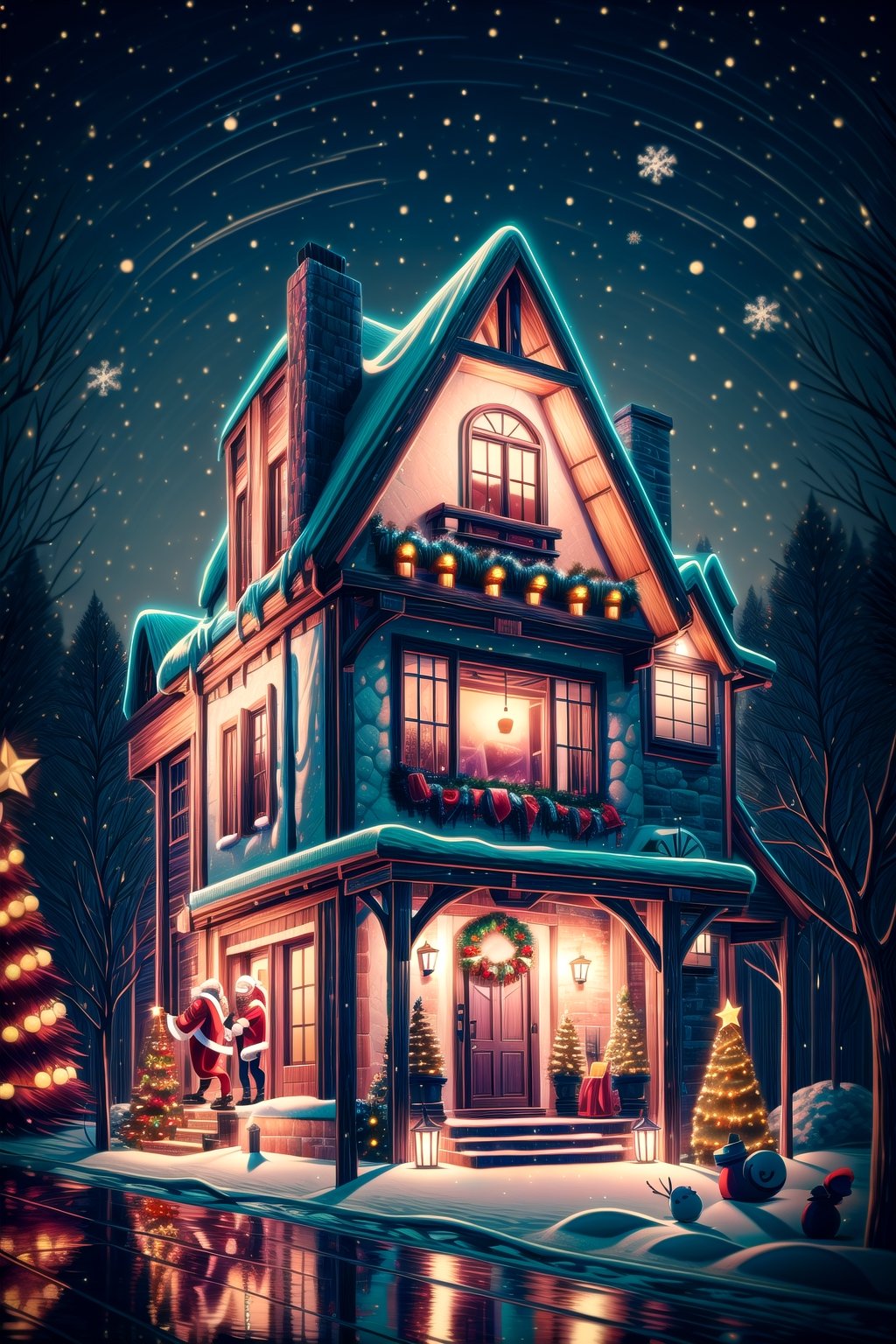 (masterpieces:1, best quality, high quality),((Santa‘s Caveman Style Homeone house)),Detailedface,High detaile,gazelle, snow, outdoor, christmas trees, Christmas design, Christmas background, street town, night, starry_night, ultra details, ,DonMN30nChr1stGh0sts,cinematic