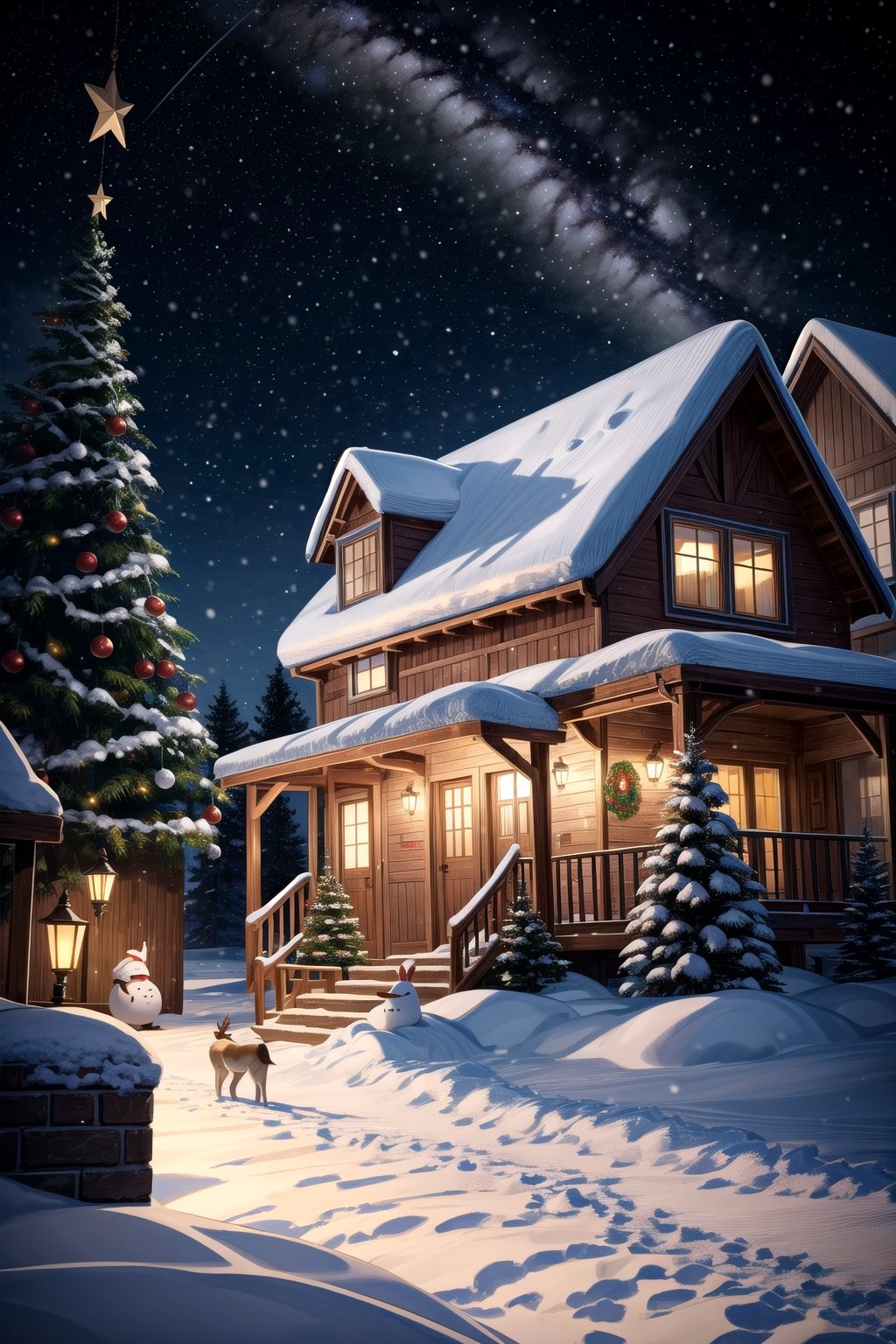 (masterpieces:1, best quality, high quality),Cave men,((Santa‘s Caveman Style Homeone house, inside the house, inside the caveman )),Detailedface,High detaile,gazelle, snow, outdoor, christmas trees, Christmas design, Christmas background, starry_night, ultra details,DonMN30nChr1stGh0sts,cinematic