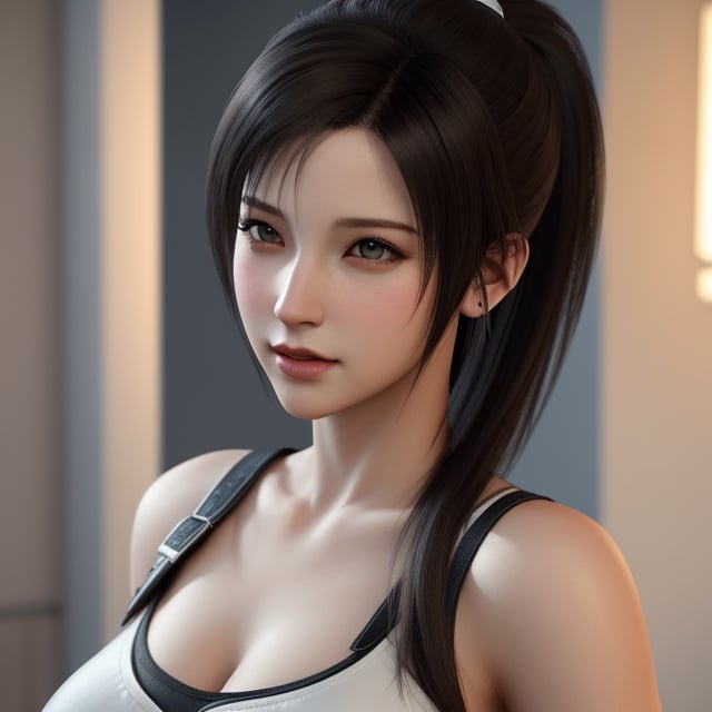 Create an alluring scene featuring Final Fantasy's Tifa, portrayed in a moment of quiet confidence and grace. Illustrate her standing before a mirror, her gaze captivatingly over her shoulder, as she delicately ties her long hair into a ponytail. Render the hairband gently held between her lips, adding an intriguing touch of charm to the scene.

Pay meticulous attention to detail as you bring out Tifa's character. Ensure that her attire and features remain true to her iconic image, blending strength with femininity.

Use lighting to create an ambiance that enhances her captivating presence, adding soft highlights and shadows that accentuate her features. Employ a color palette that complements her character while evoking a sense of elegance.