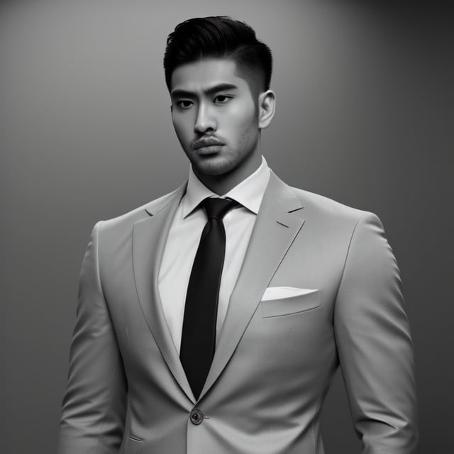 Craft a compelling portrayal of an enigmatic Asian hunk in a sleek suit, radiating an aura of coolness and strength. Illustrate him with a commanding presence, his demeanor exuding a calculated intensity while maintaining an air of mystery.

Detail the suit with precision, emphasizing its tailored elegance and sharp lines. The coldness of his expression should echo the sleekness of his attire, creating a seamless visual harmony.

Set the scene against a contemporary backdrop, perhaps a modern urban landscape or a sophisticated interior. Use a muted color palette that complements his demeanor, focusing on cool tones that echo his composed nature.

The Asian hunk's features should be chiseled and captivating, his gaze slightly serious and penetrating. His posture should project confidence and control, inviting intrigue from those who encounter his gaze.

Employ lighting to accentuate his strong jawline and define his facial contours. Utilize subtle shadows to highlight his enigmatic presence, creating an alluring play of light and darkness.

Capture an atmosphere that hints at the hidden depths within, while also showcasing his composed exterior. The cold and cool aesthetic should resonate through every element, from his expression to the setting, creating a captivating image that lingers in the mind.