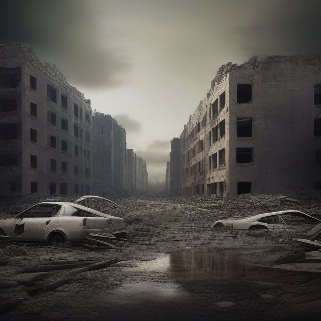 Create a poignant depiction of a world ravaged by the horrors of war. Convey the profound devastation and desolation wrought by conflict, encapsulating the somber aftermath of destruction.

Craft a scene where cities lay in ruins, their once bustling streets now mere remnants of life and vitality. Buildings crumble, walls bear the scars of conflict, and nature reclaims what was once inhabited.

Depict a sky shrouded in a gloomy haze, a testament to the upheaval that has marred the atmosphere. Use a muted and desaturated color palette to evoke a sense of sorrow and loss, while the faded remnants of color hint at a world that once thrived.

Integrate haunting details like broken artifacts, abandoned toys, and shattered remnants of everyday life. These objects serve as poignant reminders of the lives that were irrevocably disrupted.

Capture the resilience of humanity through small acts of survival - individuals searching for hope, makeshift shelters amidst the ruins, and people coming together in solidarity despite the adversity.

Embrace contrast and composition to convey the stark contrasts between the past and the present. Use lighting to enhance the sense of desolation and evoke emotion through the interplay of shadows.