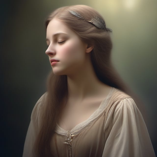 A highly detailed, realistic illustration of a young girl with an air of melancholy, depicted in a style that captures the essence of Renaissance portraiture. The girl should have subtle, downcast eyes that convey a hint of sadness, while her lips are delicately curved into a pensive expression. Her skin tone should be soft and natural, with a gentle flush on her cheeks. She should be dressed in a flowing, ethereal gown that adds an element of elegance and timelessness to the scene.

The girl's most distinctive feature is a pair of graceful, feathered wings emerging from her shoulder blades. These wings should exhibit intricate feather details, with a mix of earthy tones and subtle iridescence, resembling the wings of a mourning dove. The wings should appear slightly drooped, symbolizing a sense of longing or yearning.

The overall composition should have a warm, diffused lighting, casting soft shadows that enhance the depth and realism of the image. The background can be a serene, dreamlike landscape that complements the girl's mood, perhaps featuring a misty forest glade or a quiet meadow bathed in the warm hues of dawn or dusk.
