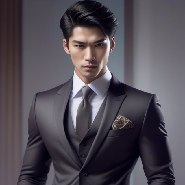 Craft a compelling portrayal of an enigmatic Asian hunk in a sleek suit, radiating an aura of coolness and strength. Illustrate him with a commanding presence, his demeanor exuding a calculated intensity while maintaining an air of mystery.

Detail the suit with precision, emphasizing its tailored elegance and sharp lines. The coldness of his expression should echo the sleekness of his attire, creating a seamless visual harmony.

Set the scene against a contemporary backdrop, perhaps a modern urban landscape or a sophisticated interior. Use a muted color palette that complements his demeanor, focusing on cool tones that echo his composed nature.

The Asian hunk's features should be chiseled and captivating, his gaze slightly serious and penetrating. His posture should project confidence and control, inviting intrigue from those who encounter his gaze.

Employ lighting to accentuate his strong jawline and define his facial contours. Utilize subtle shadows to highlight his enigmatic presence, creating an alluring play of light and darkness.

Capture an atmosphere that hints at the hidden depths within, while also showcasing his composed exterior. The cold and cool aesthetic should resonate through every element, from his expression to the setting, creating a captivating image that lingers in the mind.