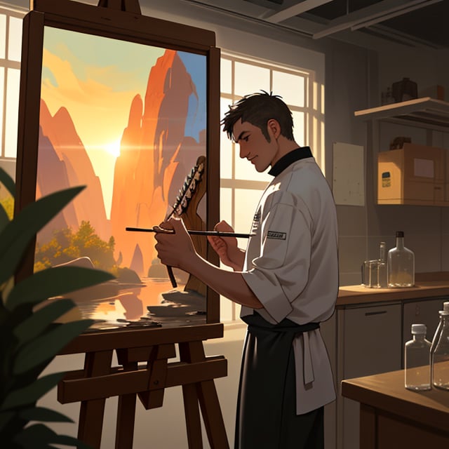 Create a heartfelt depiction of a man's journey in search of his path in life. Illustrate a series of scenes that showcase his exploration of various pursuits and endeavors. Begin with him standing at a crossroads, his face reflecting uncertainty yet determination. As the scenes unfold, show him engaged in different activities - a scientist in a laboratory, a musician strumming a guitar, a chef in a bustling kitchen, a painter before an easel.

Capture the evolving emotions on his face as he experiences moments of joy, frustration, and contemplation. Let the changing environments, from bustling cityscapes to serene nature settings, mirror the diversity of his pursuits. Incorporate subtle details that symbolize growth, such as a small plant sprouting in the background.

Throughout the series, emphasize the man's resilience and courage, even in the face of setbacks. Show his interactions with people he meets along the way - mentors, friends, and strangers who offer guidance and encouragement. As the final scene approaches, illustrate him on a mountaintop, looking out at a breathtaking sunset. The mix of experiences has led him to a place of clarity and inner peace, where he has found his true calling.

Capture the essence of this transformative journey with a blend of realism and emotion. Use lighting, colors, and facial expressions to convey the evolving stages of his quest. The overall composition should evoke a sense of hope, capturing the idea that the journey itself is an essential part of discovering one's purpose.